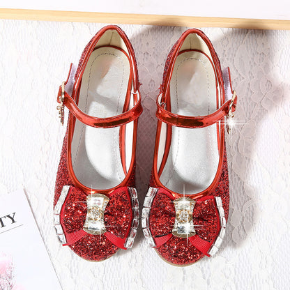 Girls High Heel Shoes Rhinestone Bow Princess Shoes