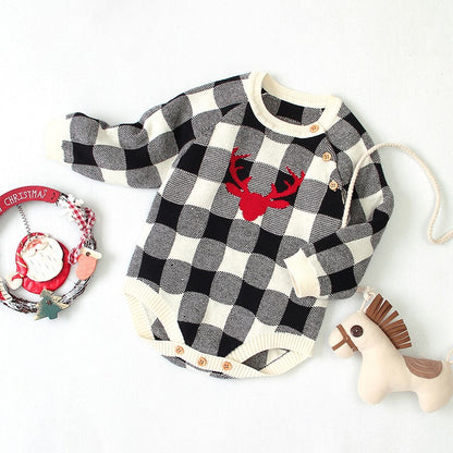 One-piece long-sleeved plaid one-piece triangle romper crawl