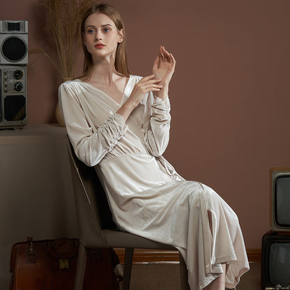 Long Robe Women's Velvet Gorgeous Nightdress V-neck Long Sleeve