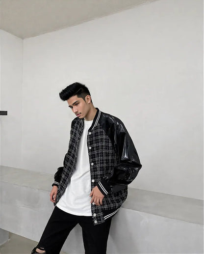 BLACK Urban style Loose Plus Size Leather Plaid Baseball Jacket
