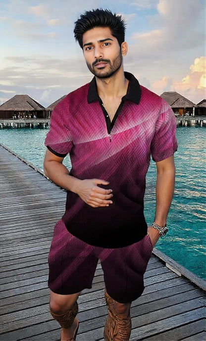 Men's Summer Fashion 3D Printed Short Sleeve Geometric Zip Lapel Shirt Set