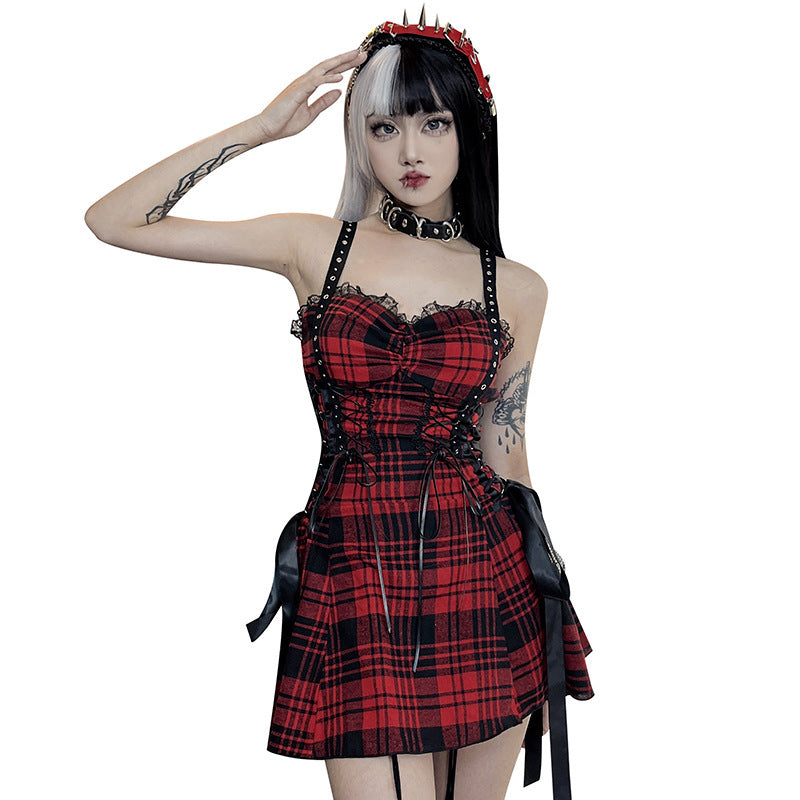 Dark Red Plaid Hot Girl Sling Design Sense Dress