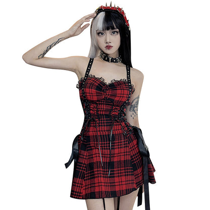 Dark Red Plaid Hot Girl Sling Design Sense Dress