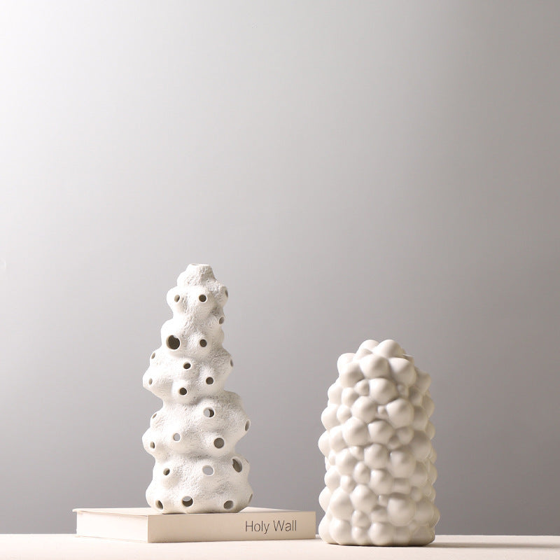 Decoration White Ceramic Vase Creative Personality Drum Bag Hollow Decoration Furnishings