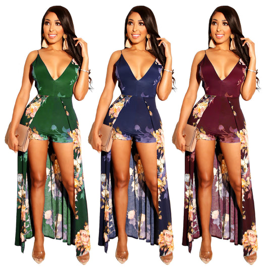 V-neck printed tie with bare back jumpsuit