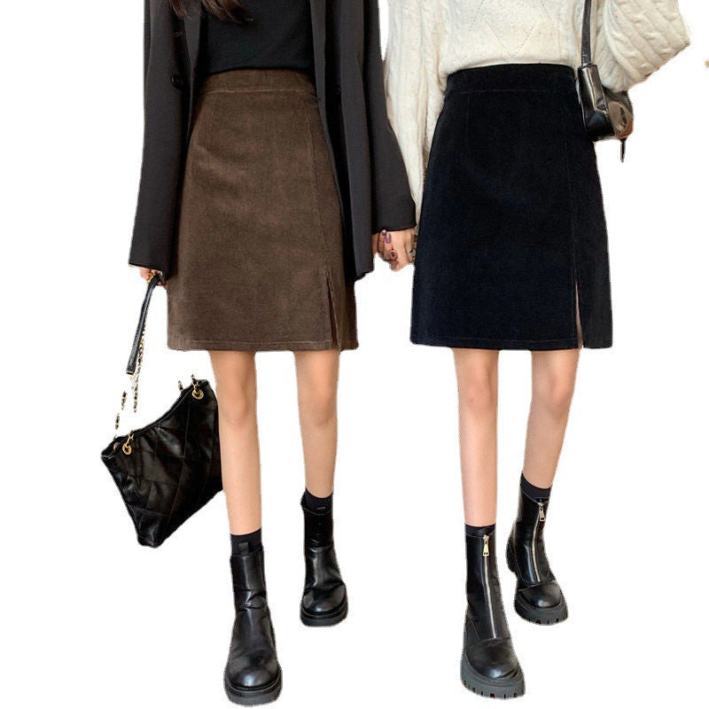 Plus Size Corduroy Skirt With High Waist Slits