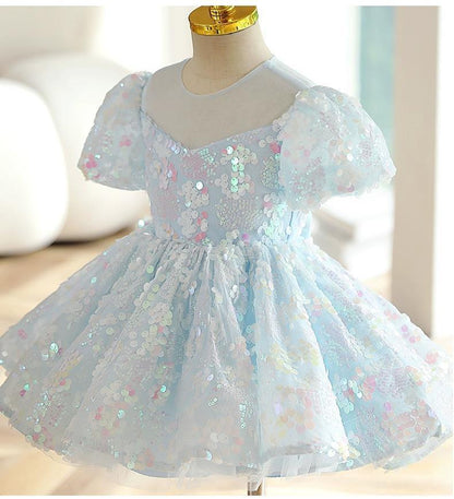 Girls Blue Sequins New Puff Sleeve Umbrella Princess Dress
