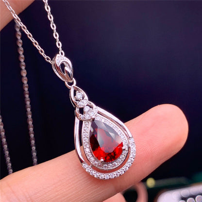 Red Drop Garnet Sterling Silver Pendant Necklace