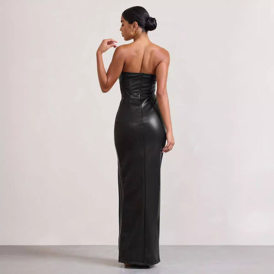 Midnight Muse™ | Onyx Faux-Leather Strapless Maxi with High-Voltage Slit