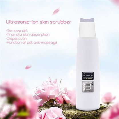 Ultrasonic Skin Scrubber: Face Cleanser for Blackhead and Acne Removal Experience a facial spa treatment  vibrating massager, featuring ultrasound peeling technology for effective cleansing. Model 394.