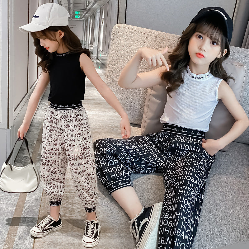 Girls Korean Style Sleeveless Two-piece Sports Suit