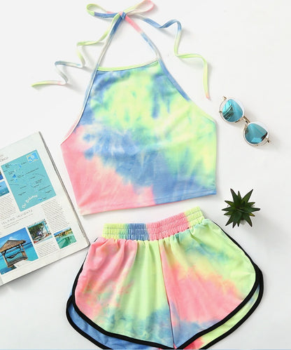 Open-back umbilical tie-dye sling two-piece