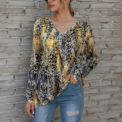 Ladies V-Neck Pleated Print Long-Sleeved Plus Size T-Shirt Top