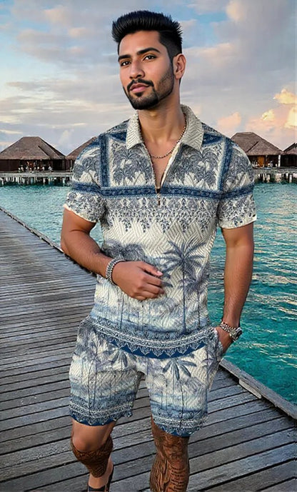 Men's Summer Fashion 3D Printed Short Sleeve Geometric Zip Lapel Shirt Set