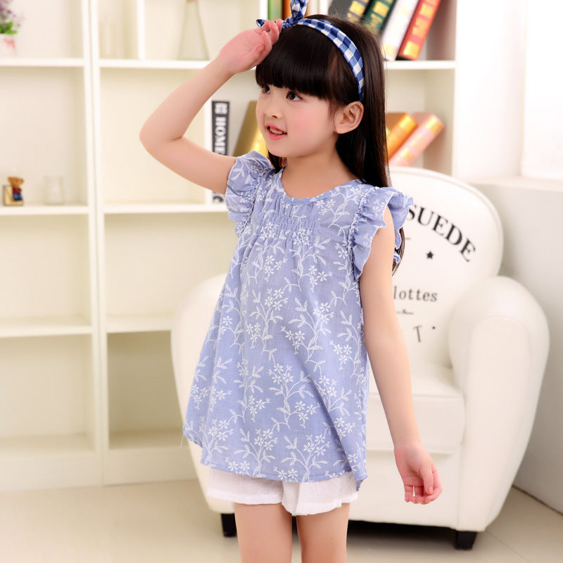 Cute Fly Shoulder Sleeve Top For Girls Thin Cotton And Linen