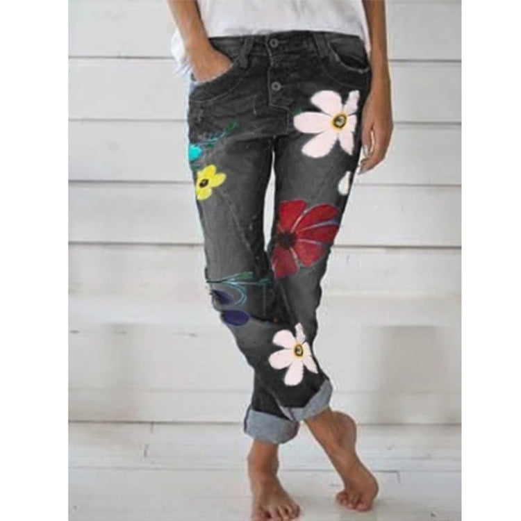 Printed denim trousers