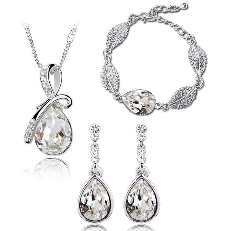 Water Drop Crystal Earrings Man Tingfang Necklace Acacia Leaf Bracelet Three-piece Set