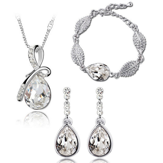 Water Drop Crystal Earrings Man Tingfang Necklace Acacia Leaf Bracelet Three-piece Set