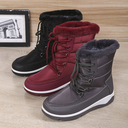 Large High Top Cotton Boots Women's Plush Front Lace Up Side Zipper