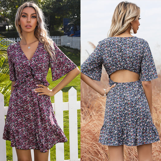 Women's Summer Floral Short Sleeve  Back Ruffle Dress