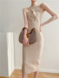 Women's Slim Fit Slim Pack Hip Cross Halter Over Knee Knit Dress