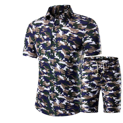 Summer New Products Men's Short-Sleeved Shirt Shorts Two-Piece Floral Shirt Set