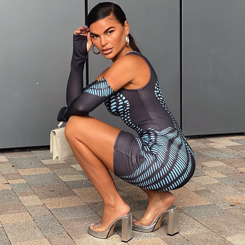 Crew Neck Digital Printing Gloves Hip Lifting Bodysuit