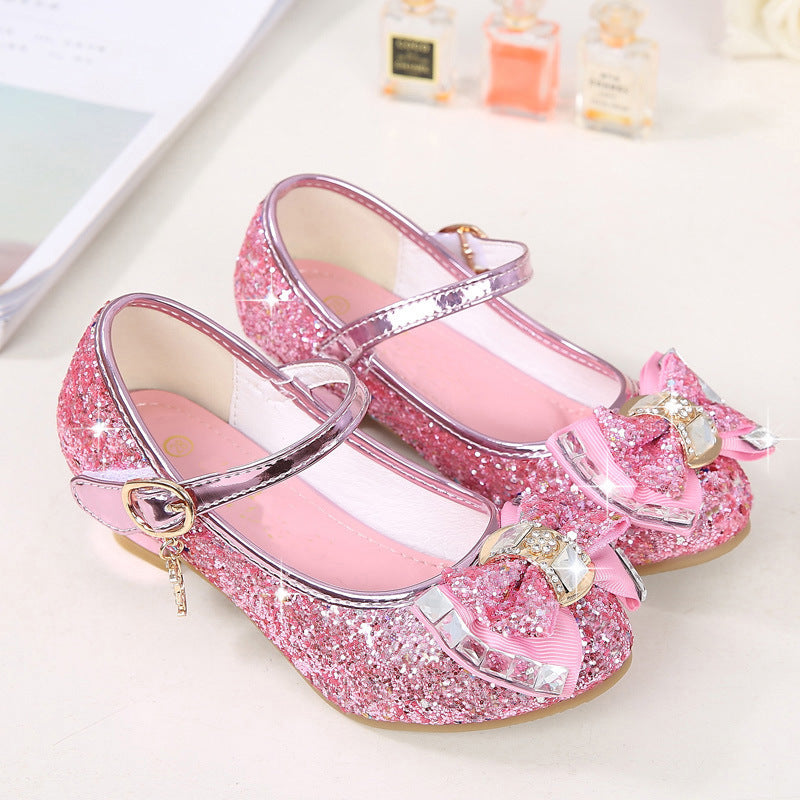 Girls High Heel Shoes Rhinestone Bow Princess Shoes
