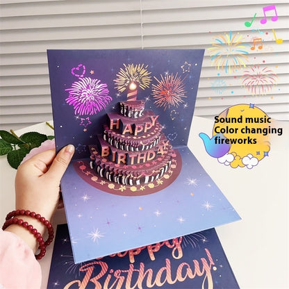Ins Style Birthday Cake Music Light 3D Stereoscopic Greeting Cards High-end Creative Fireworks Display Effect Audio Card Cross-border