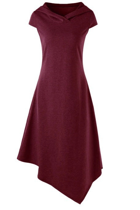 Back Hollow-out Underleg Asymmetric Hooded Midi Dress