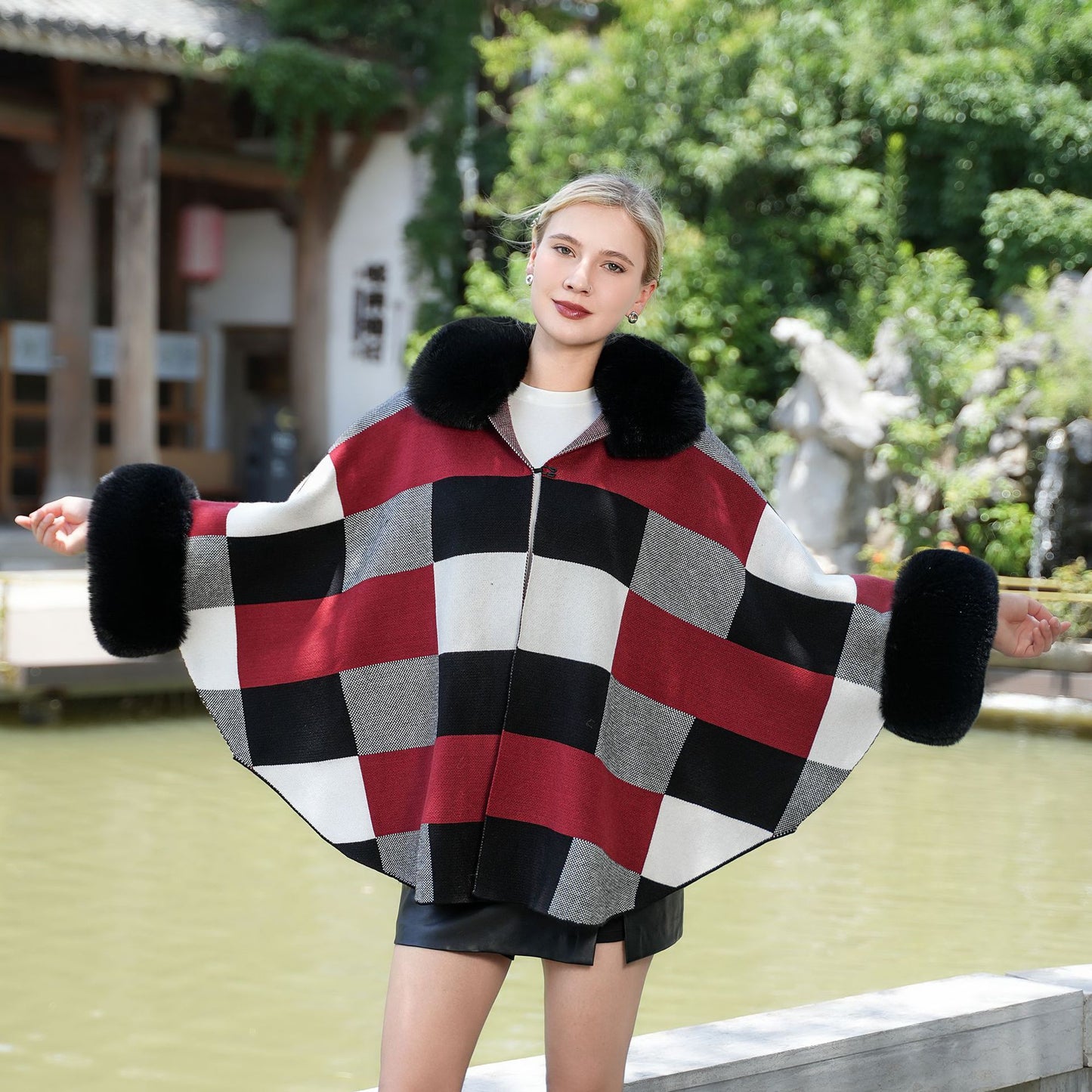 Fashion Autumn And Winter Imitation Fur Thickened Plaid Coat Knitted All-matching Fur Shawl