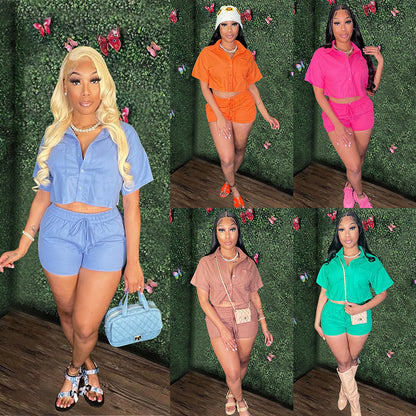 Summer Women's Solid Color Short Sleeve Shirt Shorts Two-piece Set