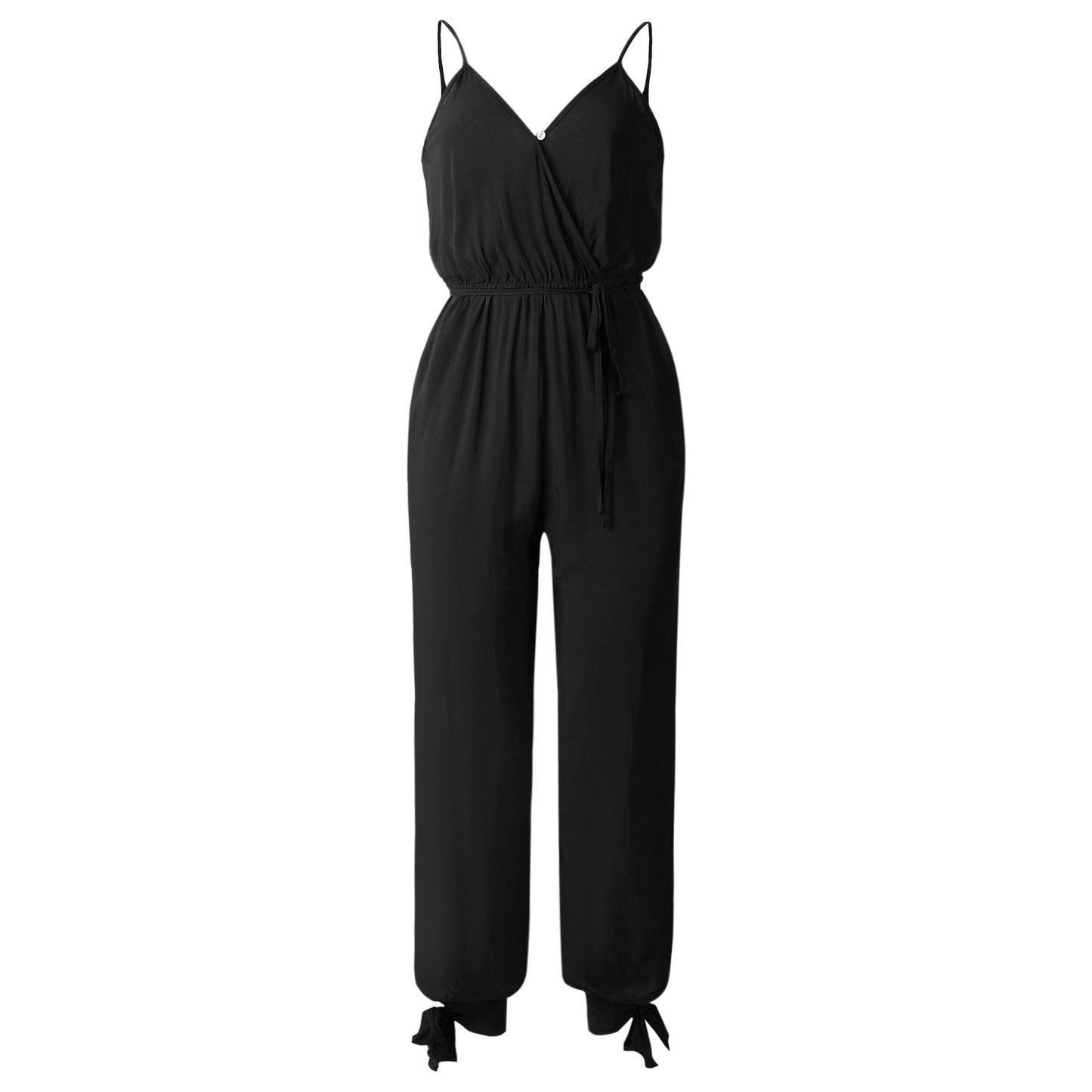 back tether deep V-neck suspender jumpsuit