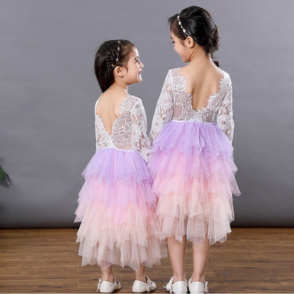 Girls Lace Backless Tutu Dress with Long Sleeves