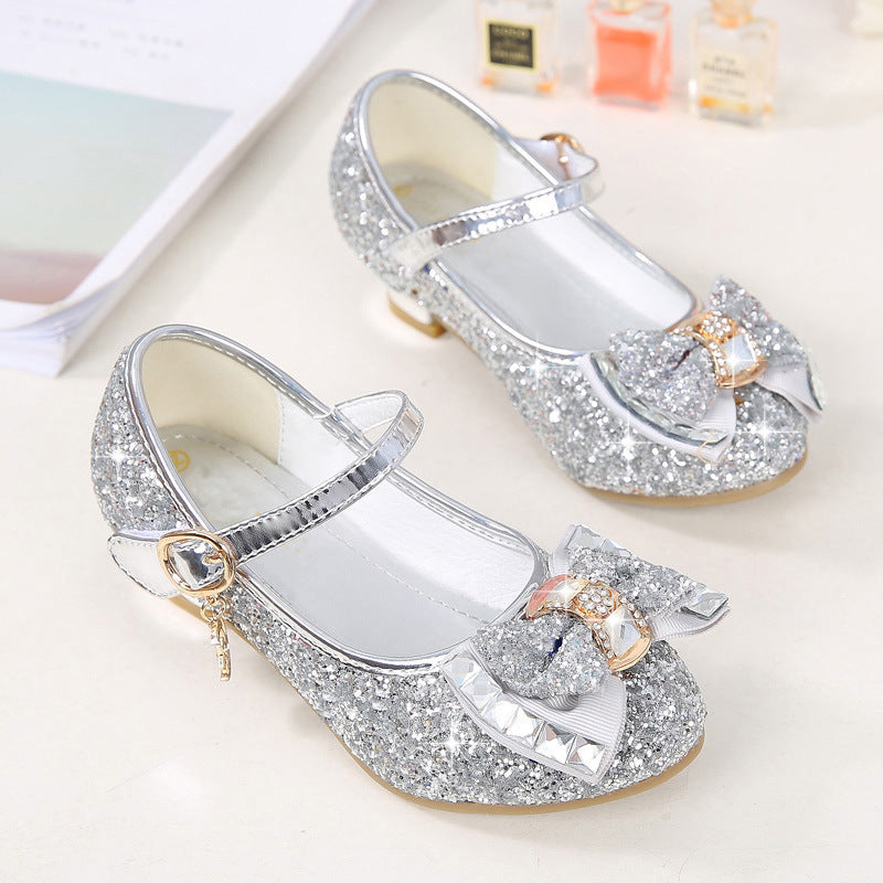Girls High Heel Shoes Rhinestone Bow Princess Shoes