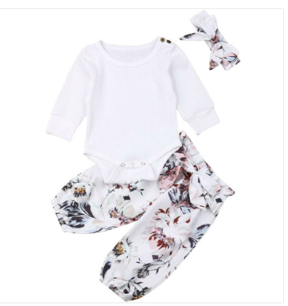 Solid Color Long-sleeved One-piece Romper Flower Pants Three-piece Suit