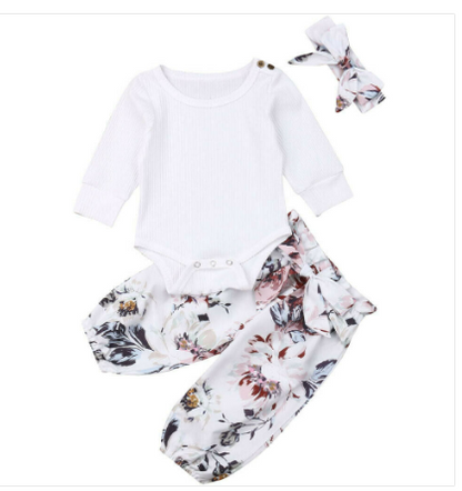 Solid Color Long-sleeved One-piece Romper Flower Pants Three-piece Suit