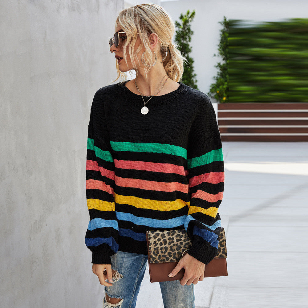 Women's plus size striped stitching knitted sweater