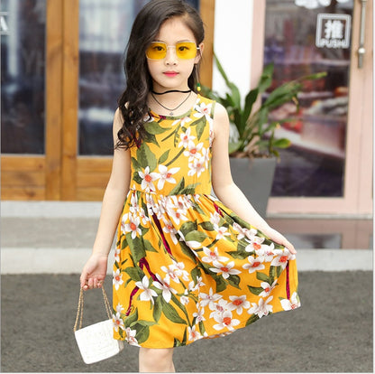 Summer Korean version of the big children's cotton silk dress girl floral dress skirt skirt children's beach skirt