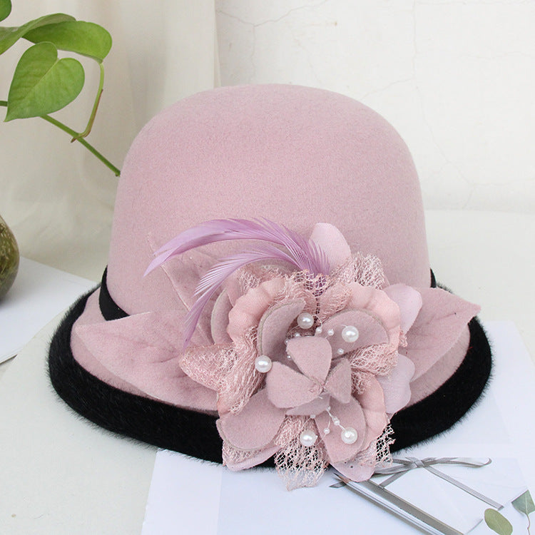 Black Brim Woolen British Feather Flower Top Hat