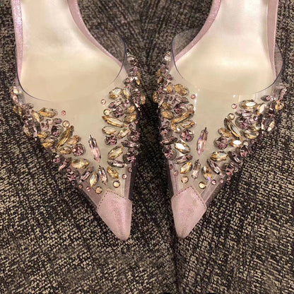 Transparent Rhinestone Pointed Toe Buckle Back Strap Sandals