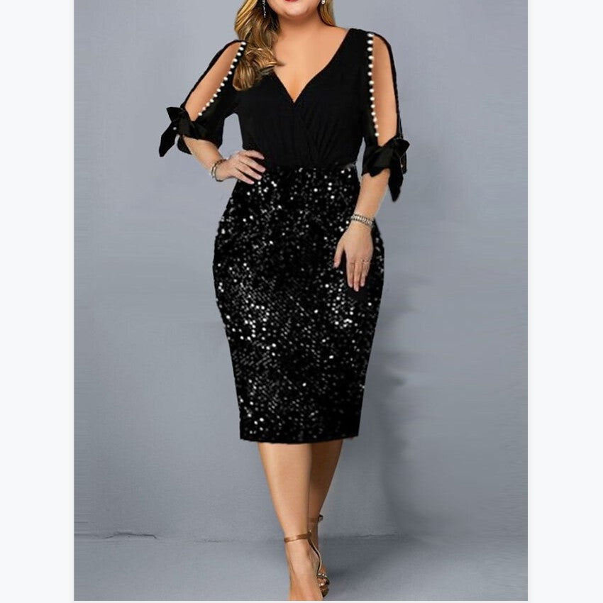 Plus Size Women's Personalized Sequined Beads V-neck Dress With Hips