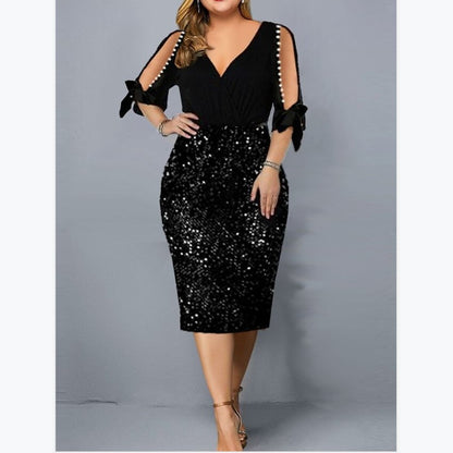 Plus Size Women's Personalized Sequined Beads V-neck Dress With Hips