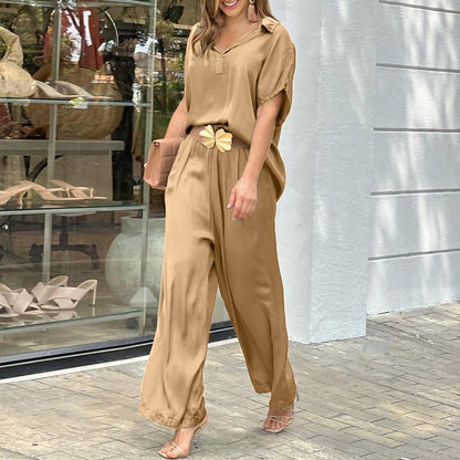 Ladies Elegant 2 Piece Shirts Wide Leg Pants Fashion