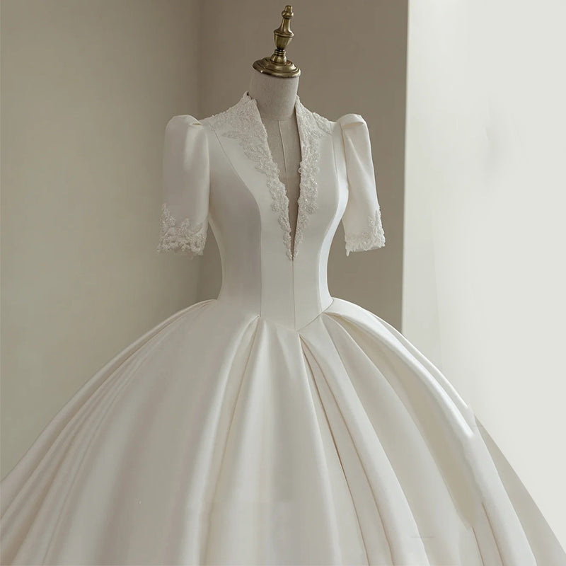 Simple And High-end Mid Sleeved V-neck Wedding Dress