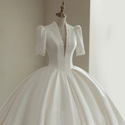 Simple And High-end Mid Sleeved V-neck Wedding Dress