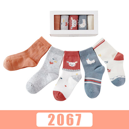 Five pairs of breathable cartoon baby socks in autumn and winter