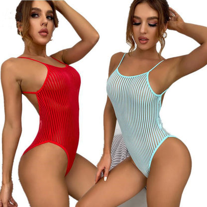 Nylon High Elastic Striped Nude Back Transparent Jumpsuit