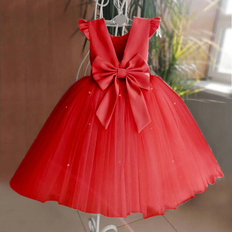Girl's Gown Mesh Backless Bow Umbrella Princess Dress
