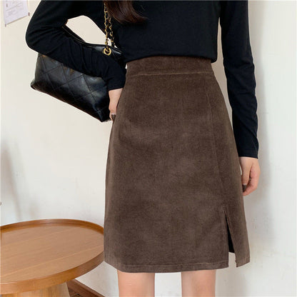 Plus Size Corduroy Skirt With High Waist Slits
